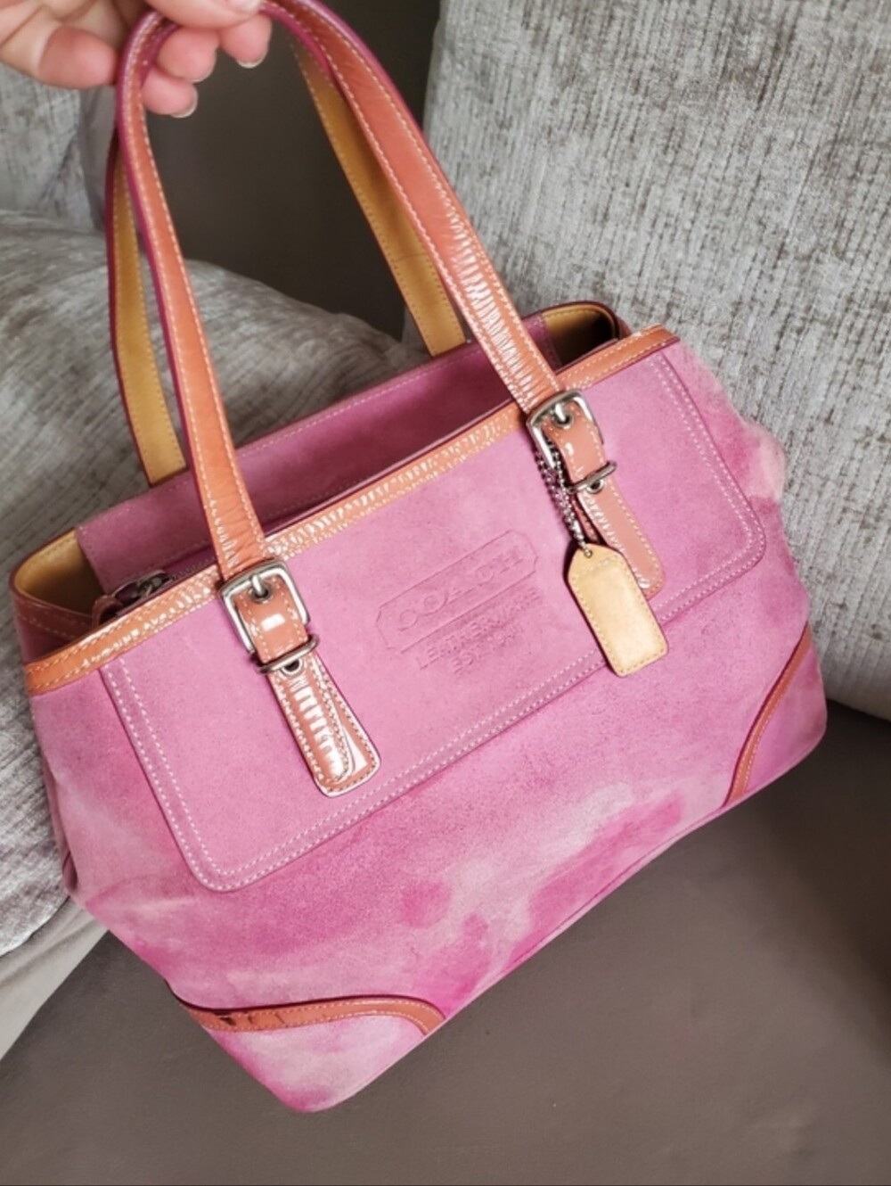 Coach Pink Suede Tote with Tan Leather Accents